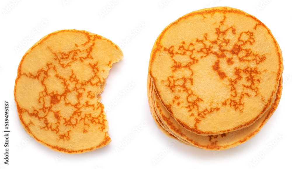 Stack of tasty fluffy pancakes isolated on white background.. Stack of tasty fluffy pancakes isolated on white background..