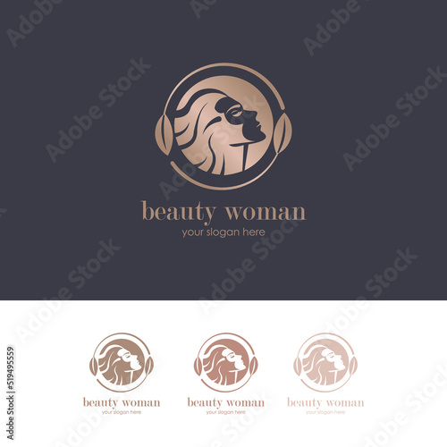 Linear simple logo female face smelling tulip at hand drawn circle frame for beauty spa salon vector illustration. Woman with flower at rounded border feminine cosmetic cosmetology skin care wellness
