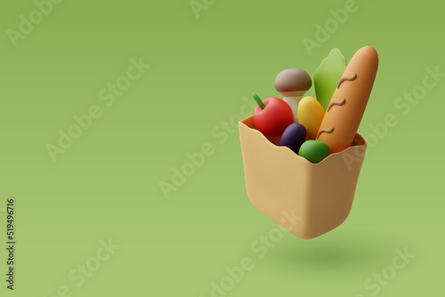 3d Vector Bag of healthy food, Organic fresh and natural food. Grocery delivery concept.