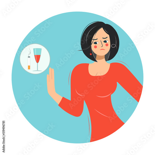 The woman is categorically against alcohol and smoking. Icon of a girl giving up bad habits in flat design. Stop drinking and smoking for good health. Vector illustration.