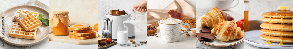 Collage of nutrient breakfasts on light background Collage of nutrient breakfasts on light background