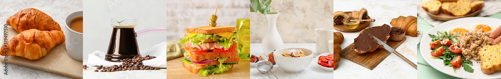 Group of tasty breakfasts on light background Group of tasty breakfasts on light background