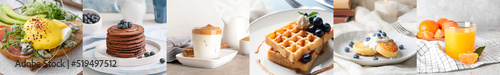 Photo Collection of tasty breakfasts on light background
