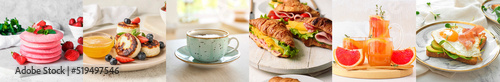 Collage of delicious breakfasts on light background