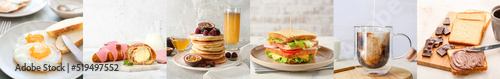 Group of delicious breakfasts on light background