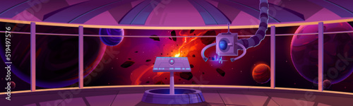 Spaceship control center interior  captain cabin with datacenter hud panel and large windows with view of explode planet or star in cosmos. Futuristic spacecraft cockpit  Cartoon vector illustration