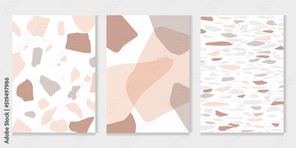 A set of four art print templates featuring abstract organic shapes in soft neutral colors. Trendy and stylish brochures, branding and packaging design, modern wall art