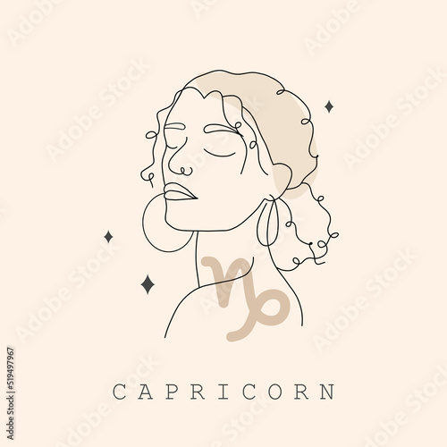 Capricorn zodiac sign. One line drawing. Astrological icon with abstract woman face. Mystery and esoteric outline logo. Horoscope symbol. Linear vector illustration in minimalist style.