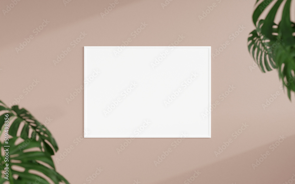 Fototapeta premium Clean and minimalist front view horizontal white photo or poster frame mockup hanging on the wall with blurry plant. 3d rendering.