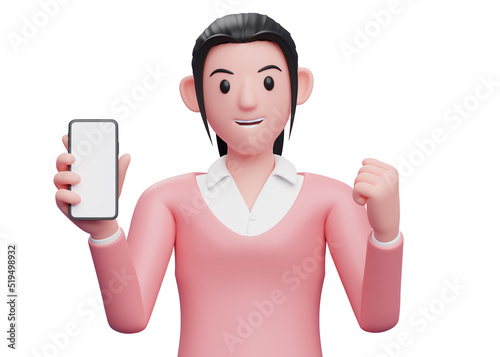 girl in sweater holding phone and clenching hands celebrating, 3d render character illustration, 3d illustration portrait of a sweet girl in a pink sweater holding phone