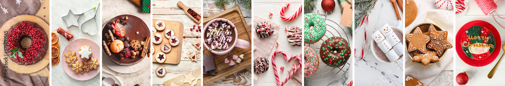 Fototapeta premium Set of delicious Christmas desserts and cacao drink, top view