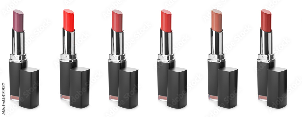Obraz premium Set of beautiful lipsticks on white background