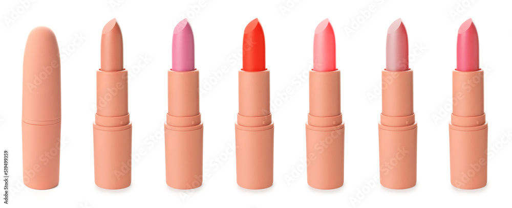 Set of beautiful lipsticks on white background Set of beautiful lipsticks on white background