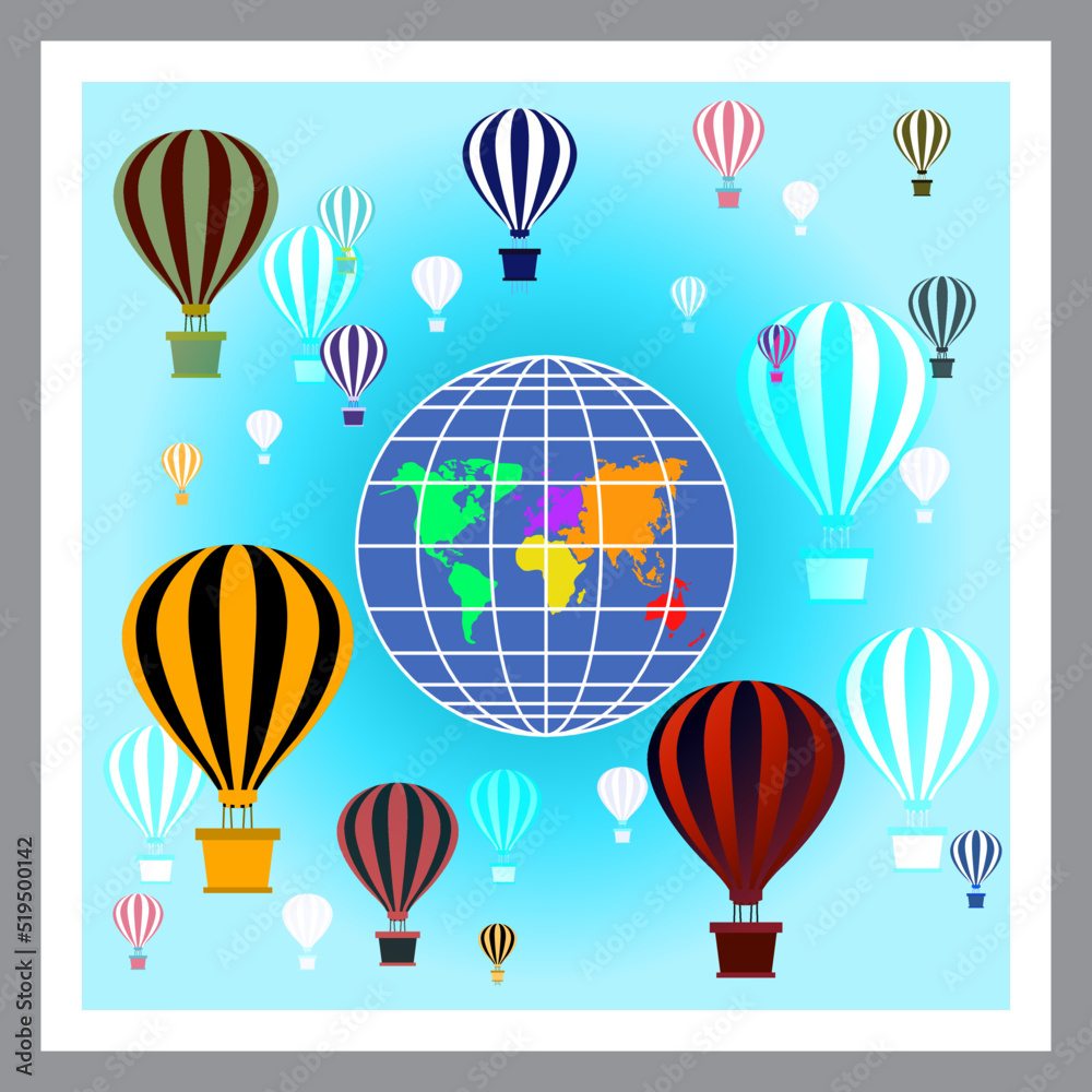 Many hot air balloons with striped domes fly around globe. Globe with continents. Colored floating balloons with baskets. Aerostats in blue sky. Air transport for travel, recreation, entertainment.