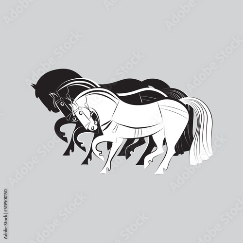 Black and white stallions silhouettes on gray background. Three saddled mustangs. Hand drawn of thoroughbred racehorses. Graceful standing trotters group. Equestrian symbol for stables, farms, races.