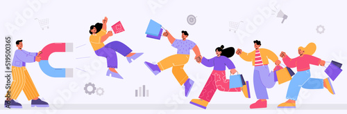 Customer retention, smm concept. Man holding huge magnet attract consumers. Influencer marketing strategy for client attraction, lead generation, social media promo, Line art flat vector illustration