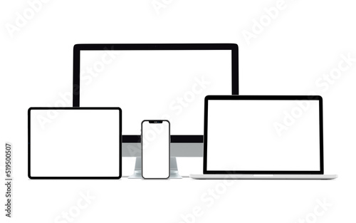 Multi devices mockup set technology and electronics. Isolated realistic blank laptop, desktop, mobile tablet computer monitors, smart phone device screen mockup 