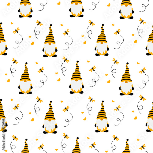 Cute garden gnomes and bees on white background. Seamless pattern with honey bees for fabric, wrap paper or kids apparel