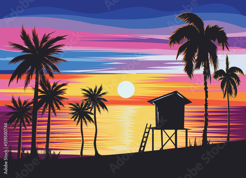 Summer sunset, sunset beach, Evening on the beach with palm trees, Colorful picture for rest, Colorful sunset on the tropical island. Beautiful ocean beach with palms and yacht illustration