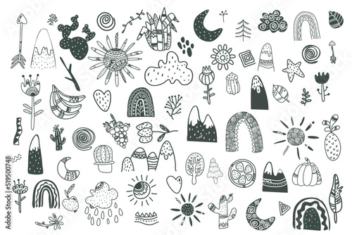 Scandinavian childrens elements. Scandi style doodle plants, animals,fruits, mountains, rainbow vector set.