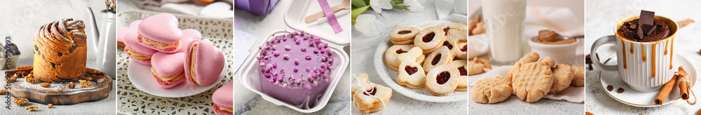 Collage of delicious desserts on table Collage of delicious desserts on table