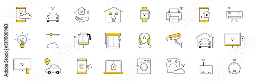Smart home doodle icons set. Smartphone with app, wi-fi connection, house in hand, smartwatch and printer. Conditioner, light bulb, teapot, window and headphones, car, alarm Isolated vector line signs