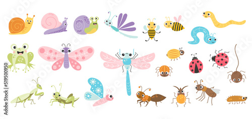 Big collection of cute insects. Funny decorative characters of snail, beetle, dragonfly and butterfly, bee and ant, spider and grasshopper. Vector illustration. isolated elements