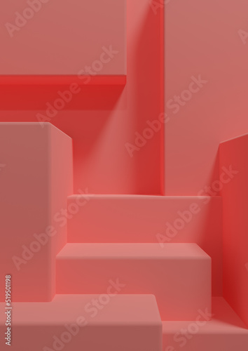 Bright  neon  salmon pink  3D Illustration simple minimal product display background side view abstract squares podium stand for product photography or wallpaper for luxury products