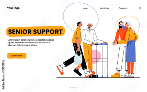 Fototapeta Naklejka Na Ścianę i Meble -  Senior support landing page. Volunteers help and care old people. Young assistants walk and shopping with pensioners. Social worker service, nursing house or hospice aid, Linear flat vector web banner