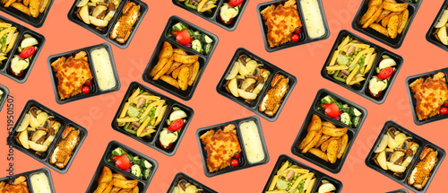 Plastic boxes with tasty food for delivery on color background