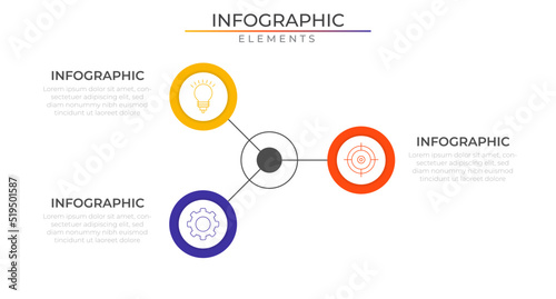 Three options connect infographic elements concept design vector with icons. Business workflow network project template for presentation and report.
