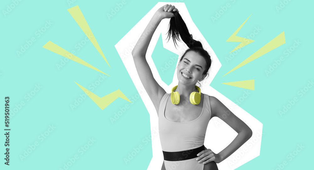 Sporty young woman with headphones on turquoise background Sporty young woman with headphones on turquoise background