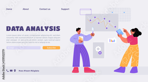 Data analysis landing page, business analysts characters research information at screen with decline chart, and sales management statistics report, consulting service, Line art flat vector web banner