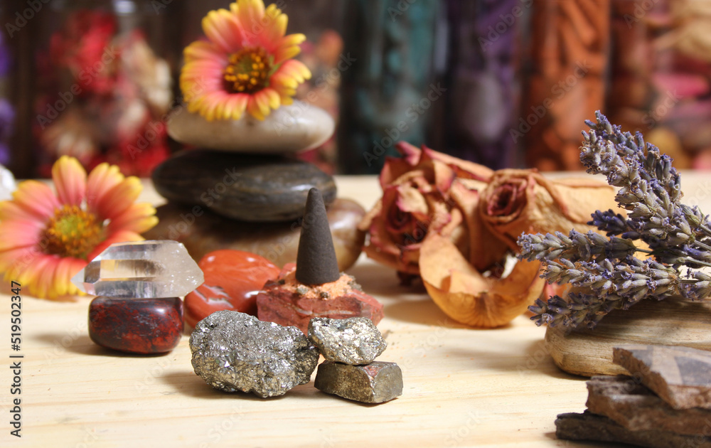 Incense Cone on Stone Slab With Crystals and Flowers Incense Cone on Stone Slab With Crystals and Flowers