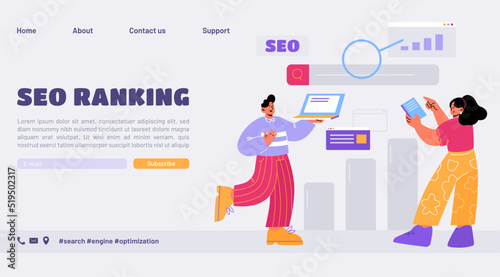 SEO ranking landing page. Business characters use search engine optimization tech, internet marketing and digital content. People with pc, analysing chart and browser, Line art flat vector web banner