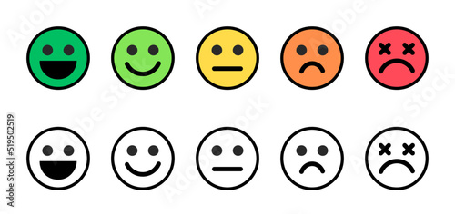 Set of emoji ratings to display customer feedback satisfaction rate - Vector emoticons faces collection with expressions to show good bad client feedback - Icons to use for web, app, toilet, shop, etc