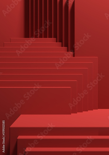 Bright maroon  dark red 3D Illustration simple minimal product display background side view abstract squares podium stand for product photography or wallpaper for luxury products