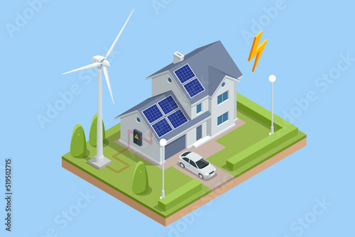 Isometric Green energy industry. Smart city with wind turbines, solar panels, tank containers and battery. Sustainable renewable power Wind turbines generating electricity