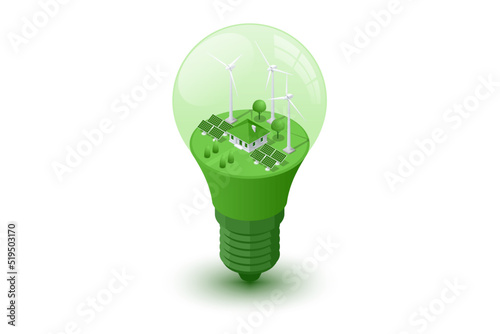 Isometric Green energy industry. Wind turbines generating electricity Sustainable renewable power. Wind Turbines Farm.
