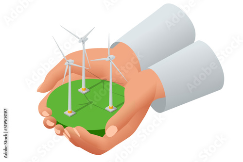 Isometric Green energy industry. Wind turbines generating electricity Sustainable renewable power. Wind Turbines Farm.