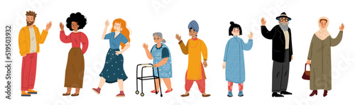 Diverse people say hello, greeting, waving hands. Multinational happy young and old male and female characters positive friendly gestures, body language, welcome, Line art flat vector illustration