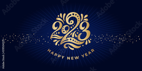 Happy New year 2023. The logo of number 2023 is in arab style with curls. Vector web banner, poster, greeting for social networks and media. Gold logo 2023 on a black background with golden sequins