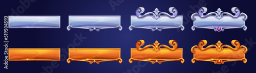 Game silver and gold buttons with fantasy frames in medieval style. Vector cartoon set of empty banners, game ranking bars with decorative borders isolated on background