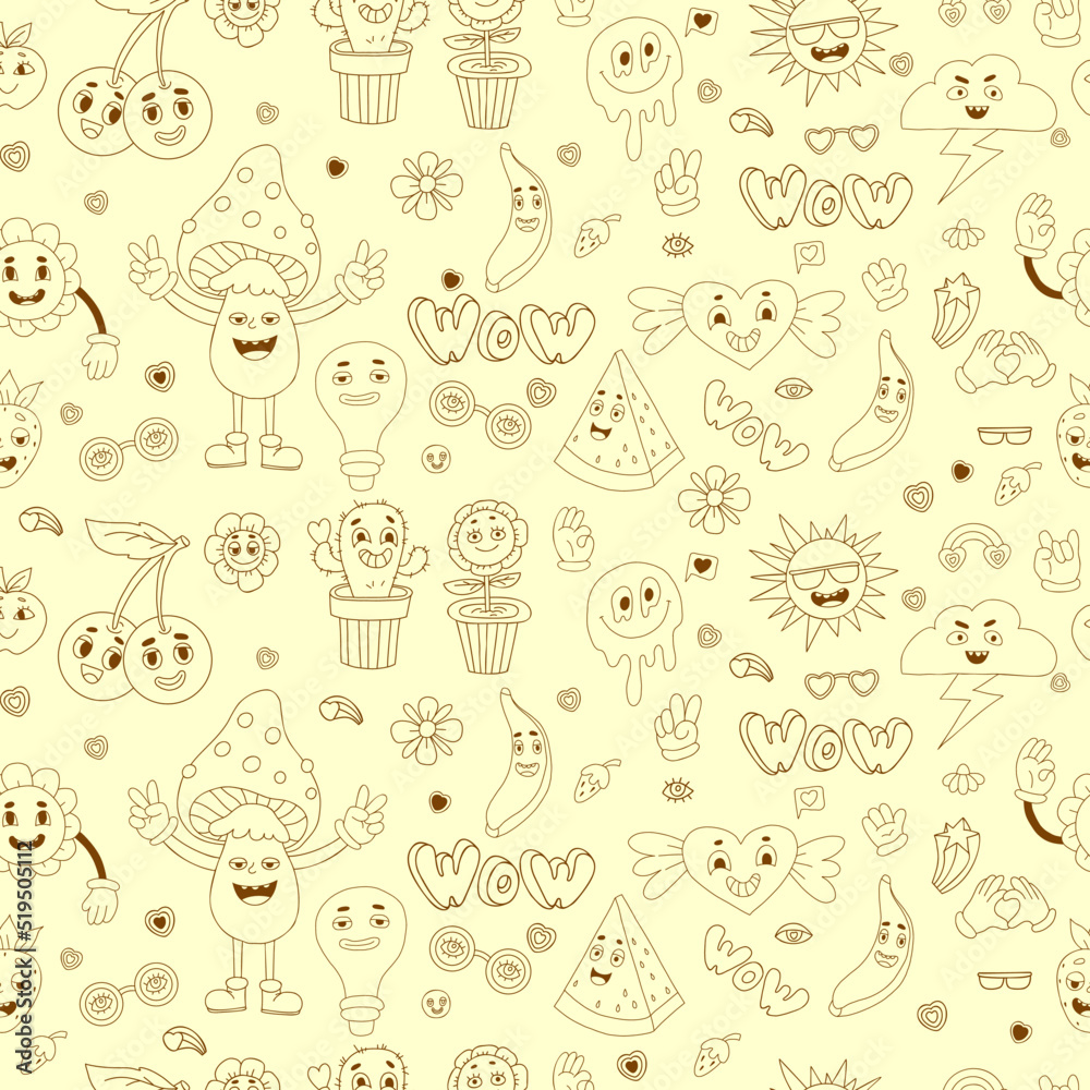 Retro seamless pattern with groovy elements Vector linear hand drawn doodle style. Cartoon characters with faces funky flower power, cactus flower pot, cherry, mushroom, Melting smile face and heart. Retro seamless pattern with groovy elements Vector linear hand drawn doodle style. Cartoon characters with faces funky flower power, cactus flower pot, cherry, mushroom, Melting smile face and heart.