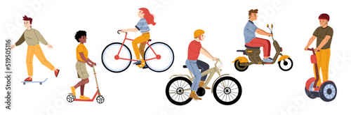 People ride on different eco transport. Personal electric transport, ecological urban lifestyle. Vector flat illustration of men and women driving on bike, scooter, skateboard and hoverboard