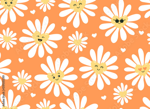 Cute smiling daisy flower seamless pattern. Chamomile with happy emotion.illustration for nature design. Vector cartoon background. 