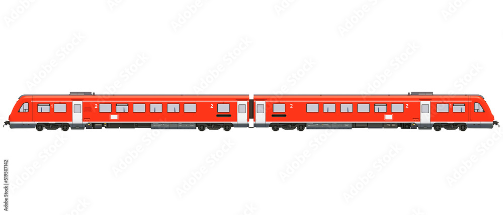 Red passenger train side view 3D rendering