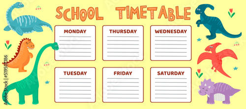 School time table with dinosaur. Vector illustration