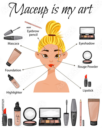 Girl with a makeup scheme. Cartoon style. Vector illustration.