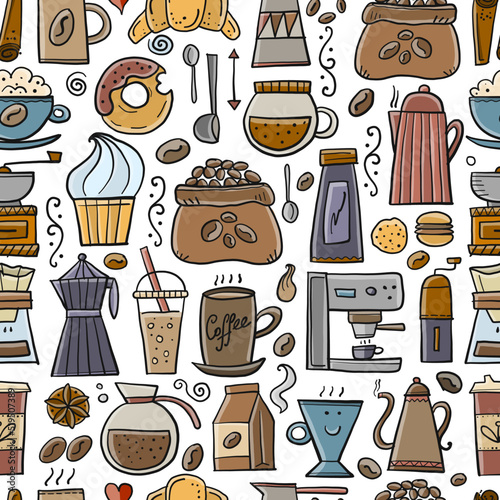 Coffee doodles, seamless pattern for your design. French press, cup of coffee...